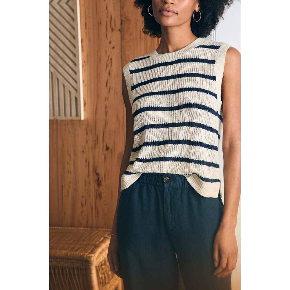 Faherty Nautical Coastal Sweater Vest Cream Navy Blue Striped Linen Cotton Large